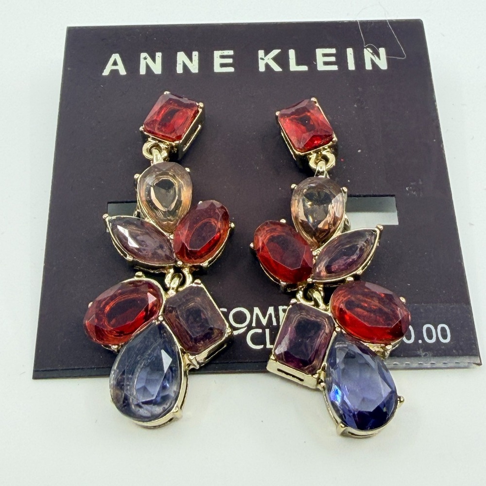 Vintage Anne Klein Clip-On Drop Earrings Multicolor Jewel Cluster Gold Tone - Picture 3 of 8